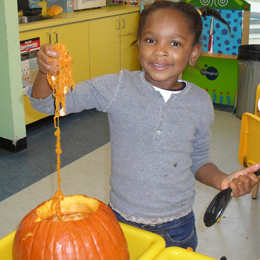 Girl proudly displaying the innards of a pumpkin she is helping to carve